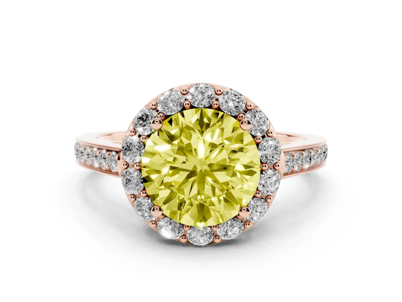 Fancy Yellow Round Cut Diamond Floral Halo Ring Set in Rose gold with Pavé Band and Prong Setting