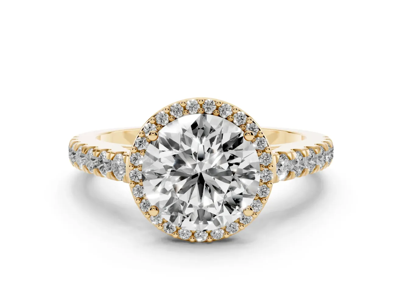 Round Cut Diamond Halo Engagement Ring Set in Yellow gold with Pavé Band and Prong Setting