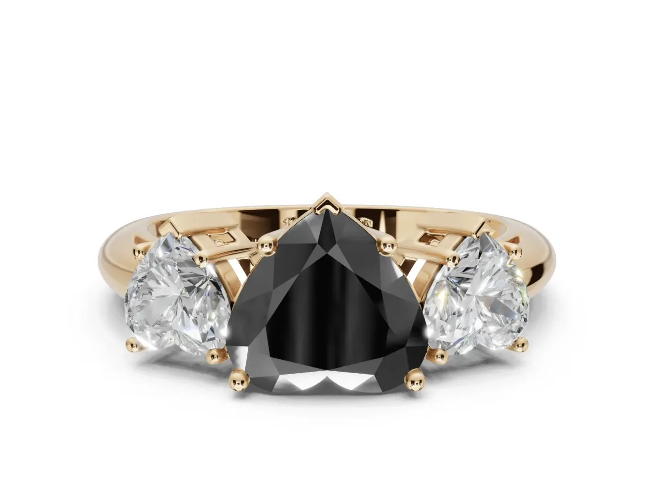 Heart-Shaped 3 Stone Engagement Ring Setting for a Black Center | Yellow Gold