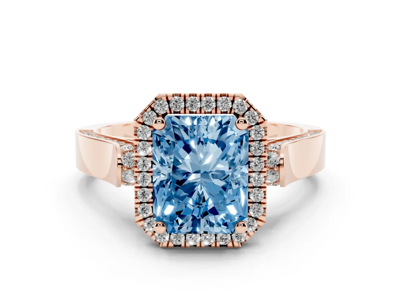 Radiant Cut Halo Engagement Ring Setting for a Fancy Blue Lab-Grown Diamond | Pavé Panel Shoulders | Rose Gold