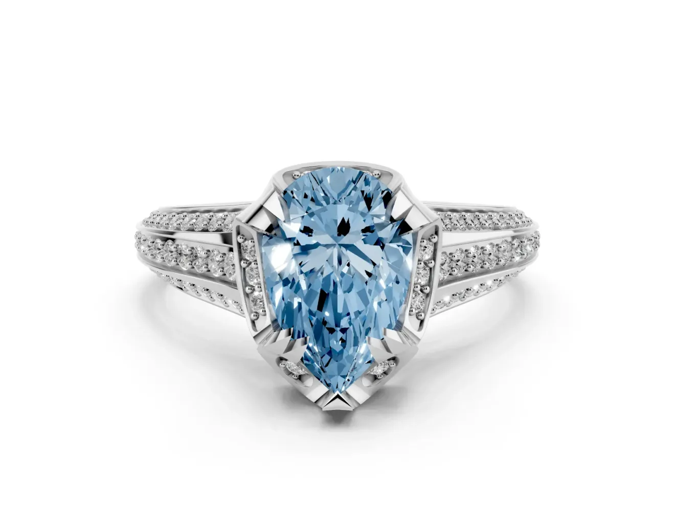 Fancy Blue Pear Cut Diamond Pavé Split Shank Solitaire Ring Set in Silver with Prong Setting