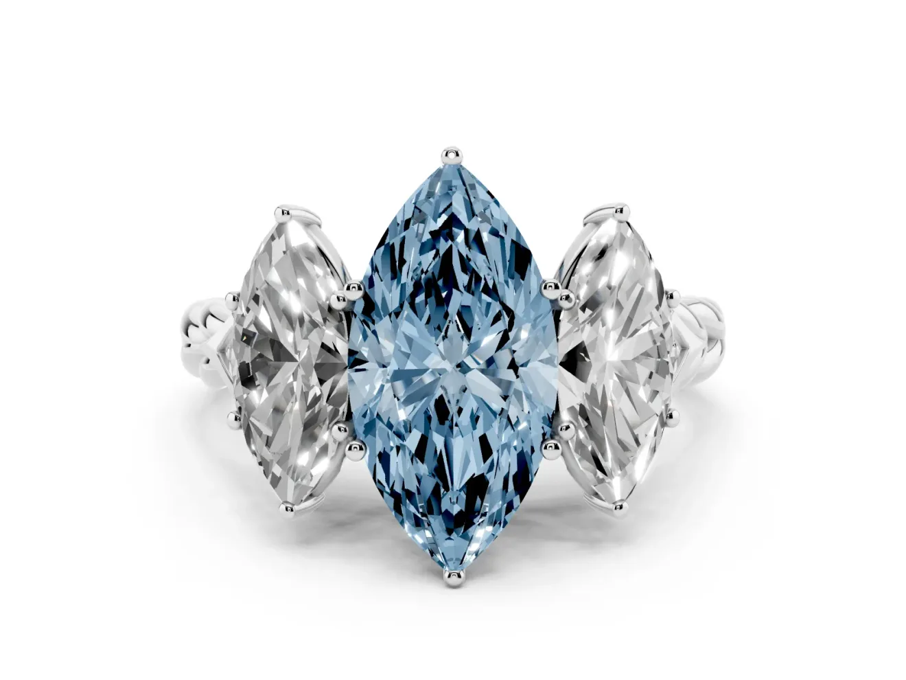 Fancy Blue Marquise Cut Diamond Three-Stone Ring Set in Platinum with Braided Band