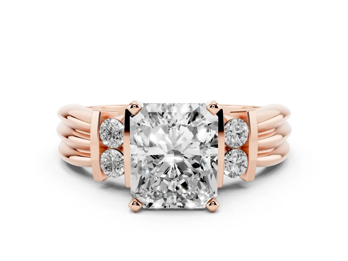 Three-Stone Radiant Cut Diamond Channel Set Ring Set in Rose gold with Bar Prongs