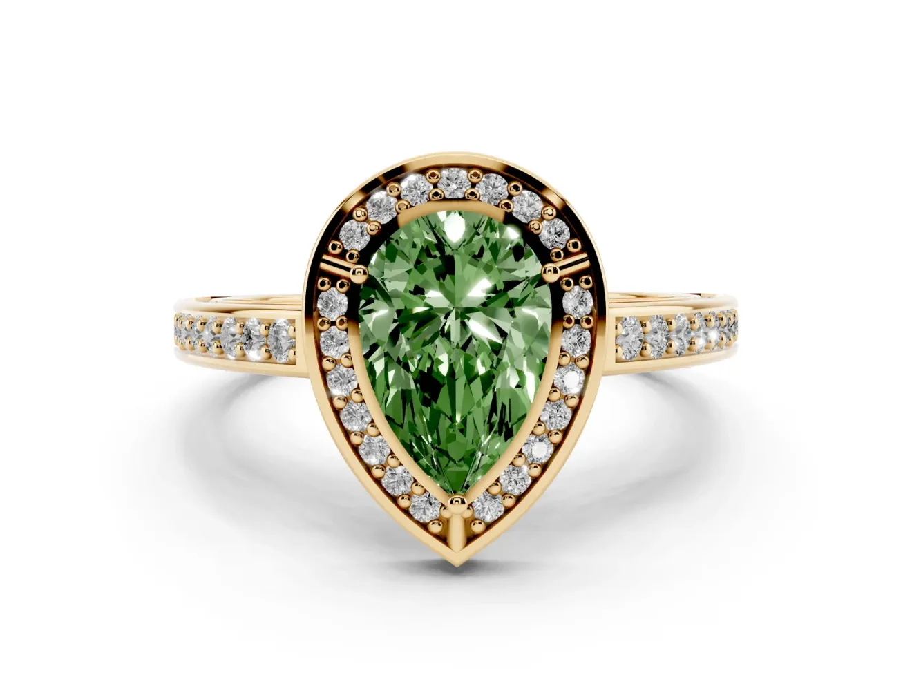 Fancy Green Pear Cut Diamond Halo Pavé Split Shank Ring Set in Yellow gold with Prong Setting