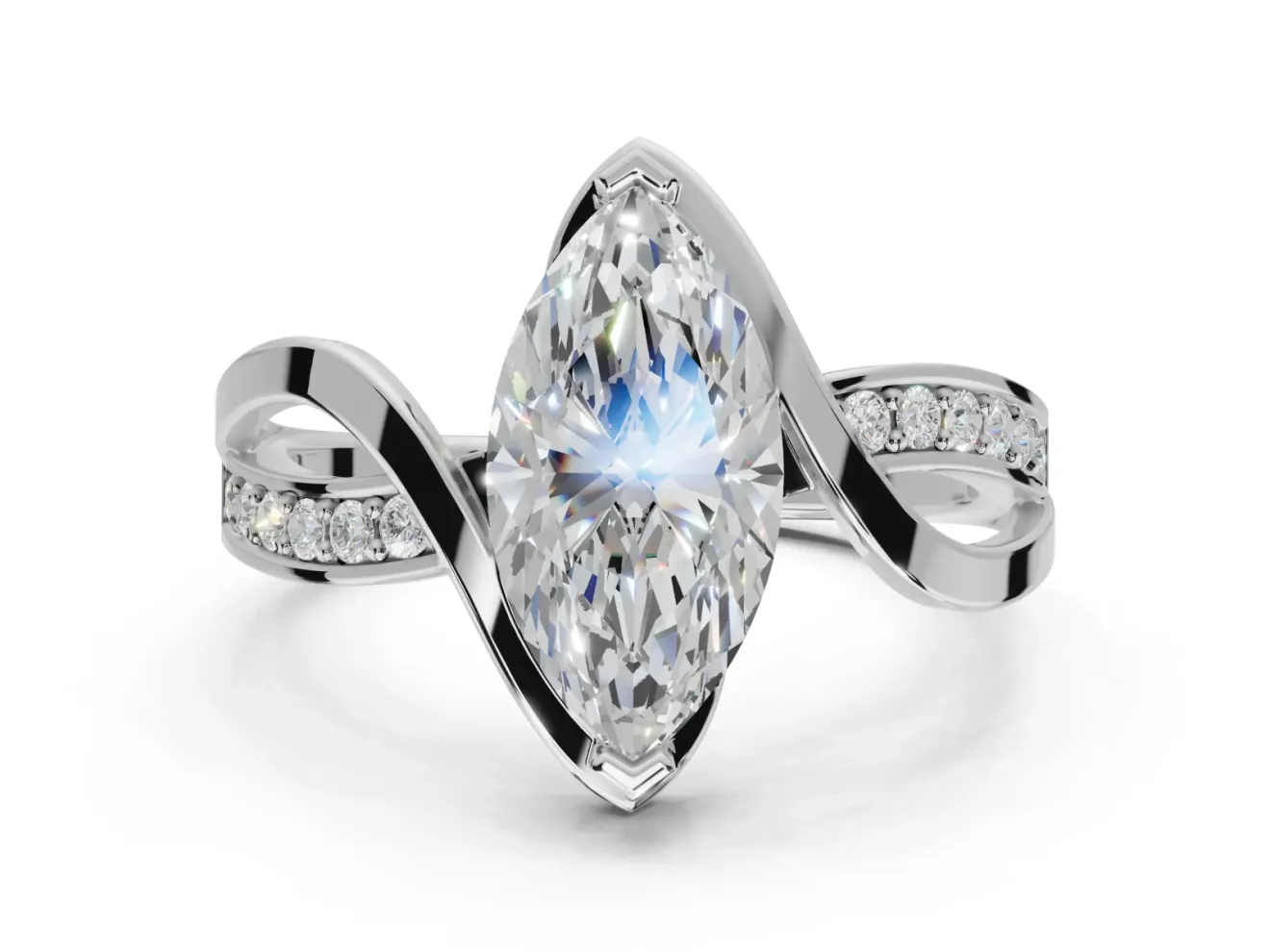 Marquise Bypass Solitaire Engagement Ring Setting | Pavé and Plain Strands | White Gold