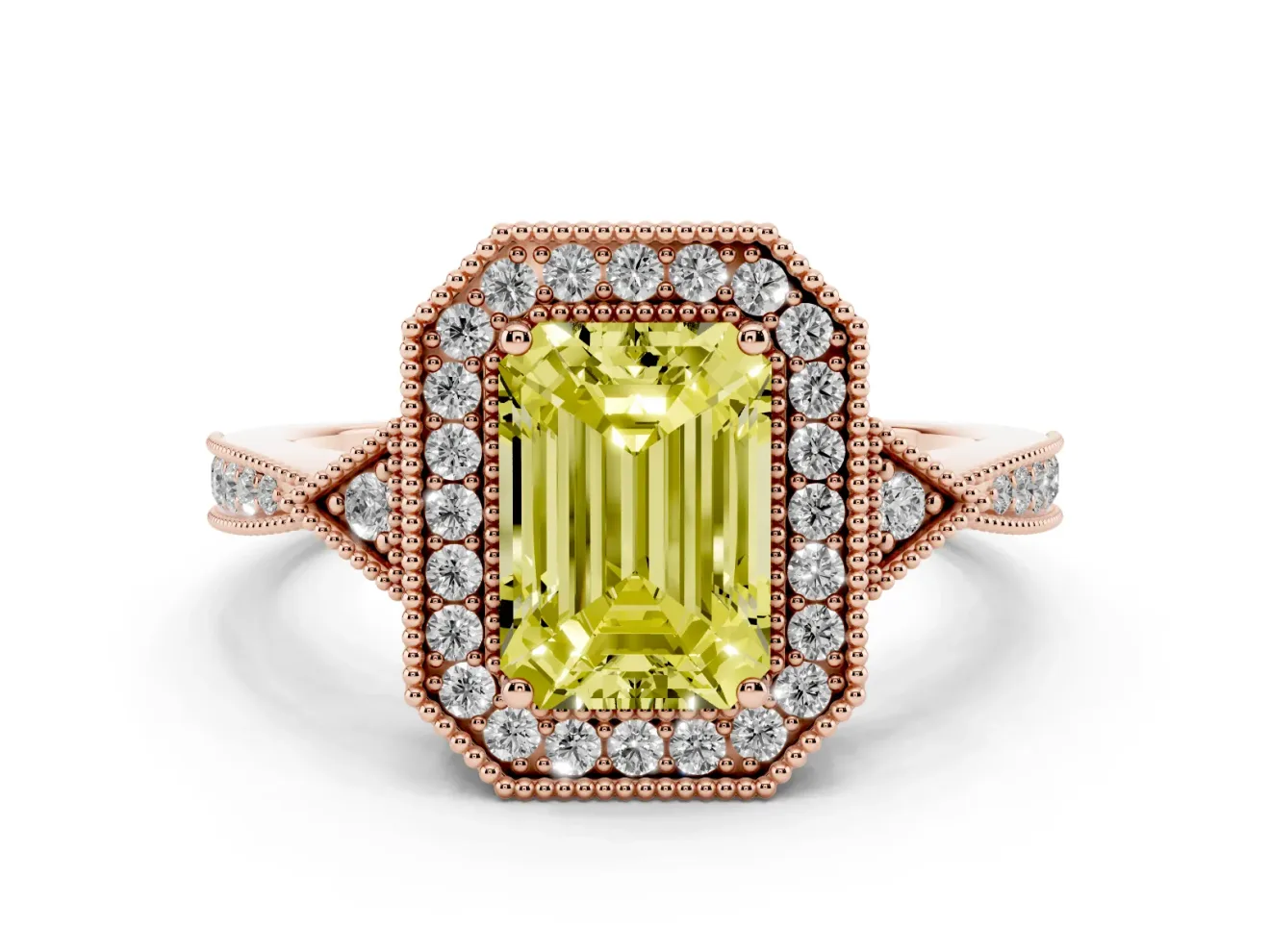 Emerald Cut Milgrain Halo Engagement Ring Setting for a Fancy Yellow Lab-Grown Diamond | Graduated Pavé | Rose Gold