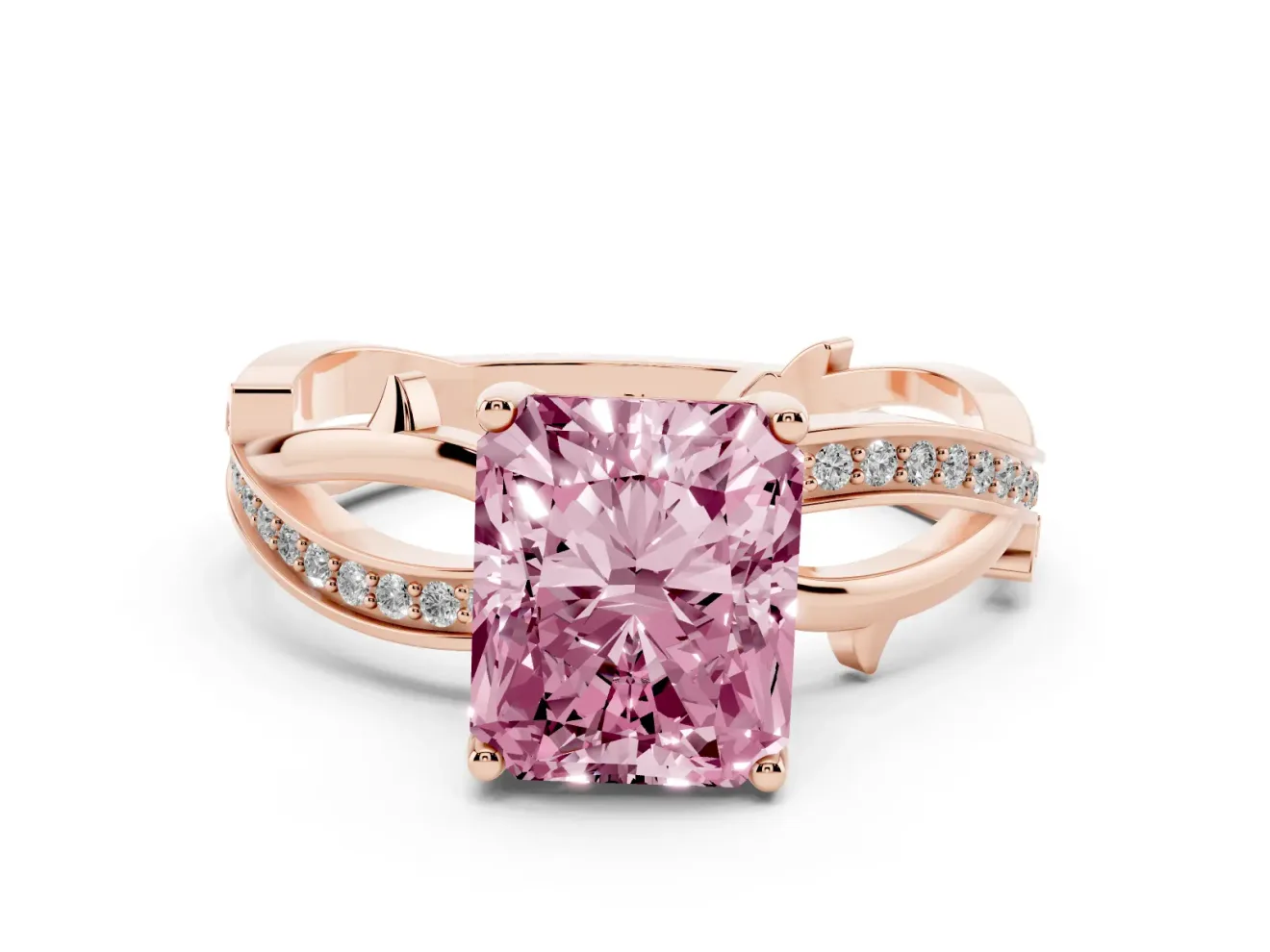 Radiant Cut Twisted Pavé Engagement Ring Setting for a Fancy Pink Lab-Grown Diamond | Pavé and Plain Strands | Rose Gold