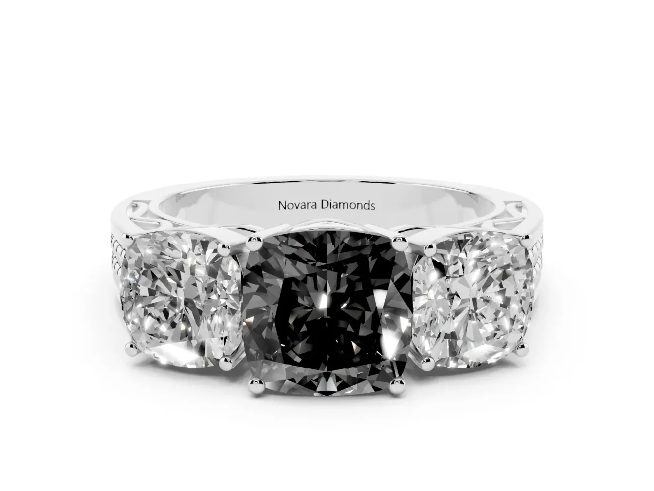 Fancy Black Cushion Cut Diamond Three-Stone Ring Set in Platinum with Textured Band