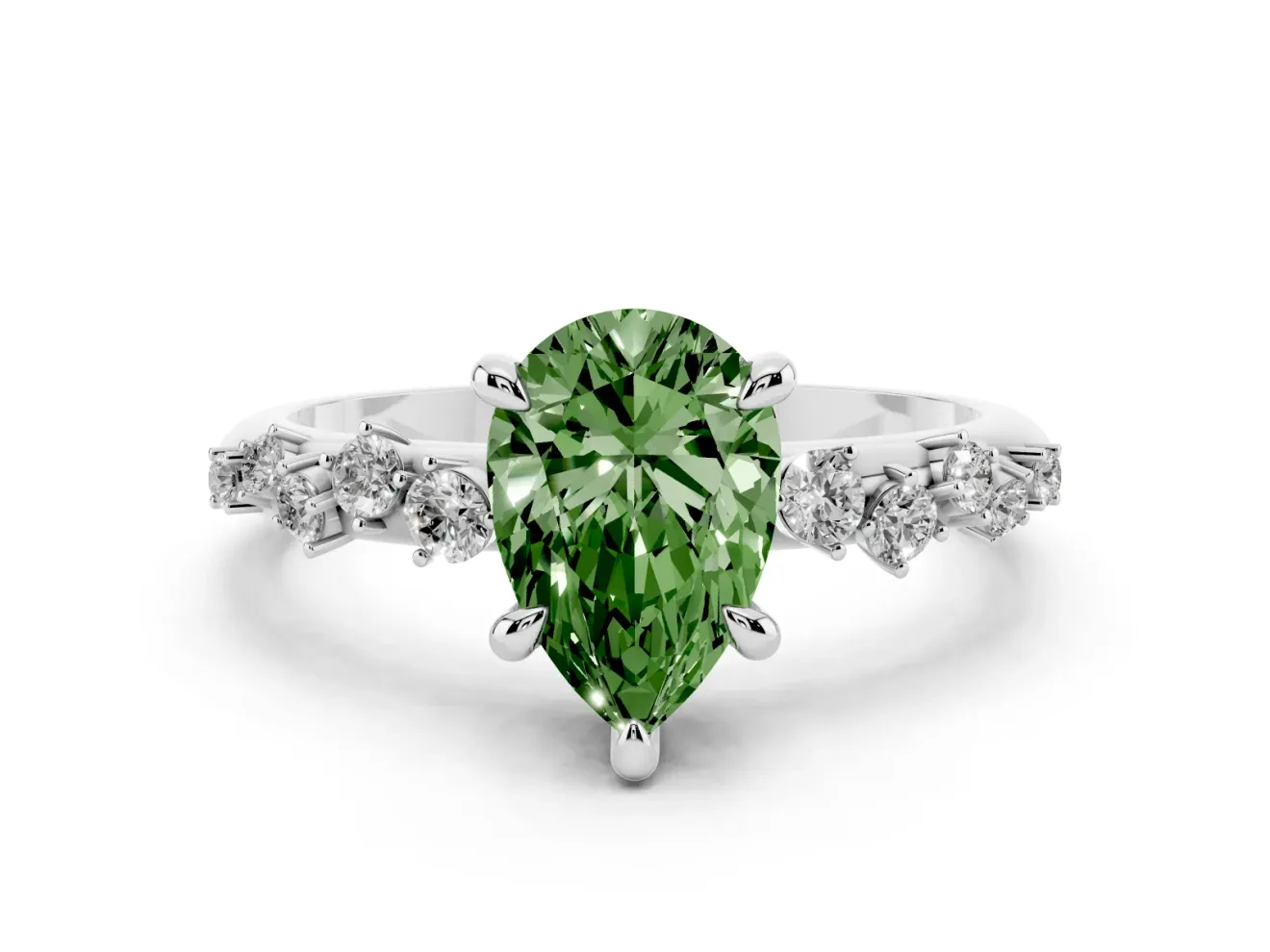 Fancy Green Pear Cut Diamond Solitaire Vine Band Ring Set in Platinum with Round Accents and Prong Setting