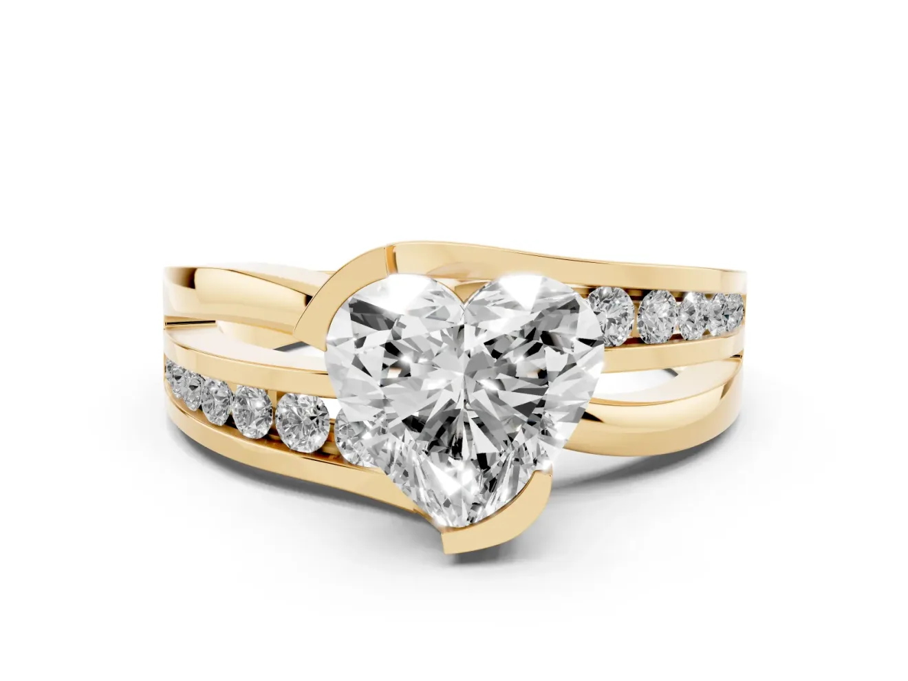 Heart-Shaped Graduated Channel Bypass Engagement Ring Setting | Split Shank | Yellow Gold