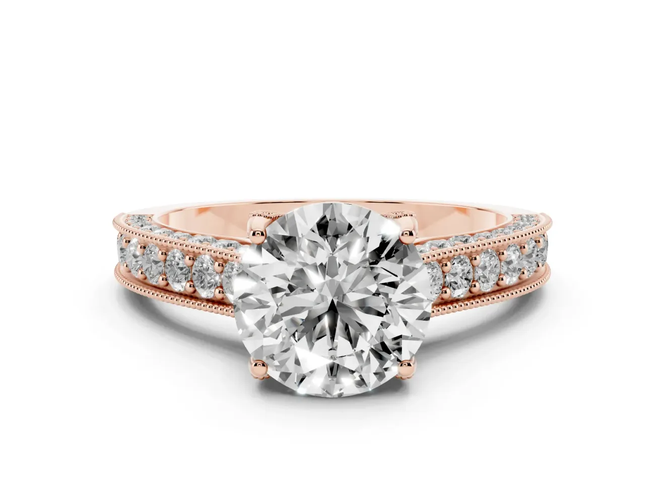 Round Vintage Hidden Halo Engagement Ring Setting | Milgrain Pave Band | Rose Gold