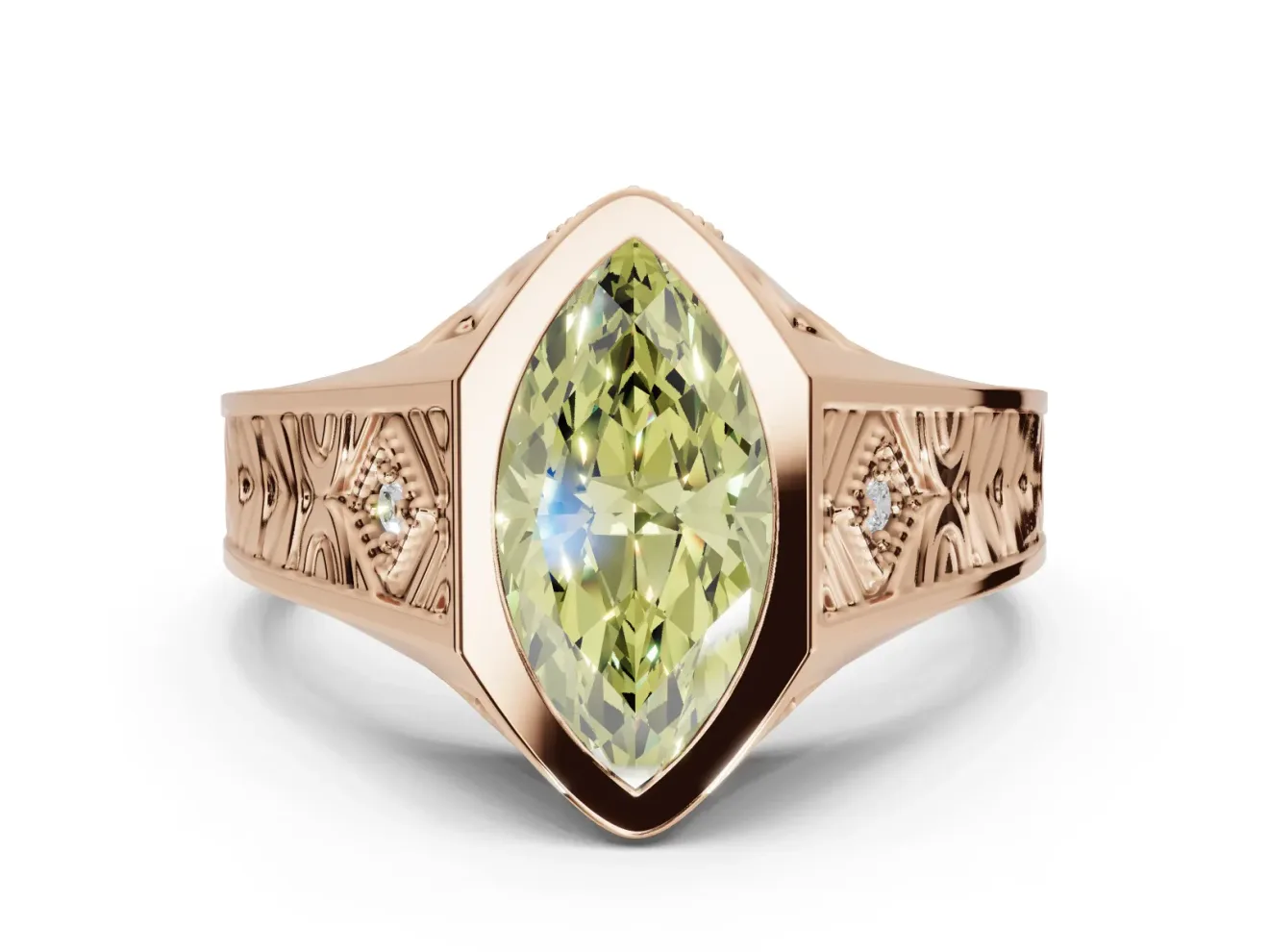Marquise Vintage Bezel Engagement Ring Setting for a Fancy Yellow Lab-Grown Diamond | Engraved Band | Rose Gold
