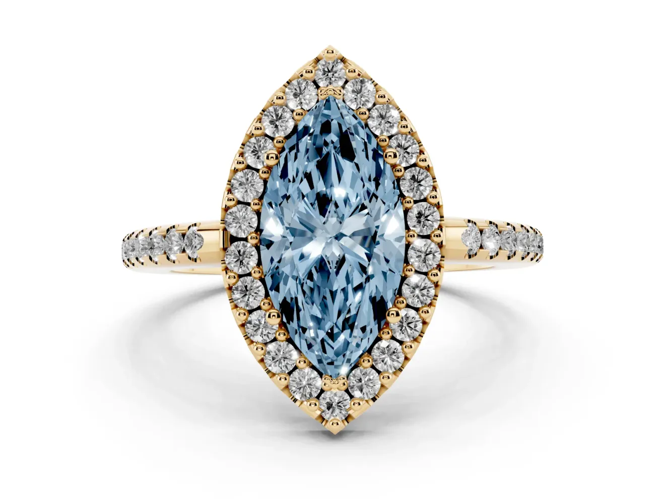 Marquise Pave Halo Engagement Ring Setting for a Fancy Blue Lab-Grown Diamond | Pave Band | Yellow Gold