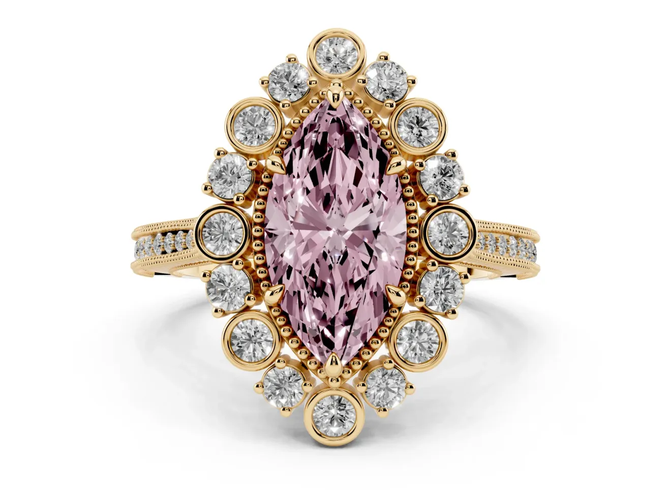 Fancy Pink Marquise Cut Diamond Halo Milgrain Pavé Ring Set in Yellow gold with Prong Setting