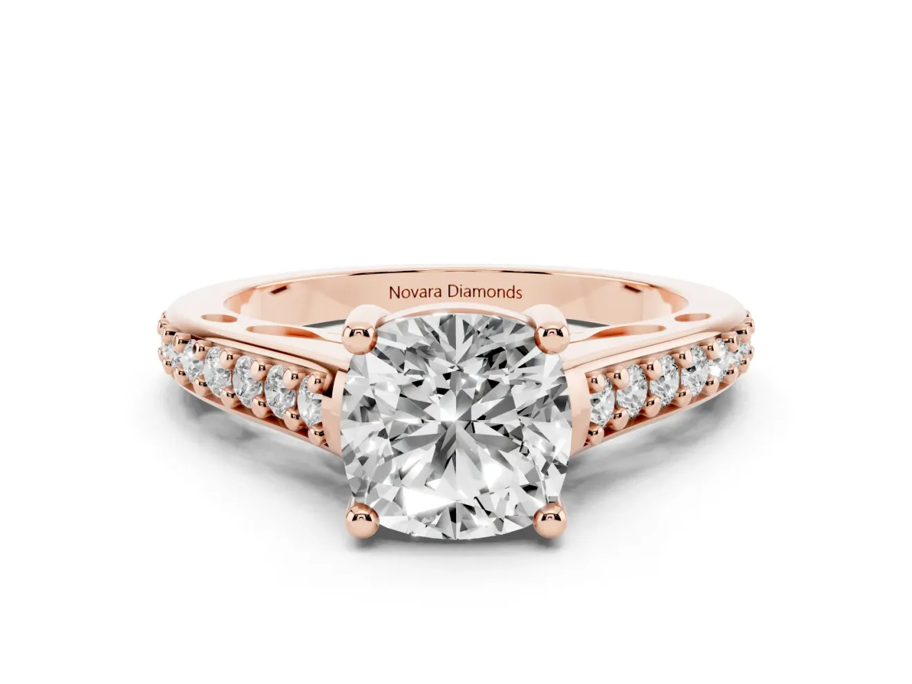 Cushion Cut Diamond Prong Set Solitaire Engagement Ring Set in Rose gold with Pavé Band