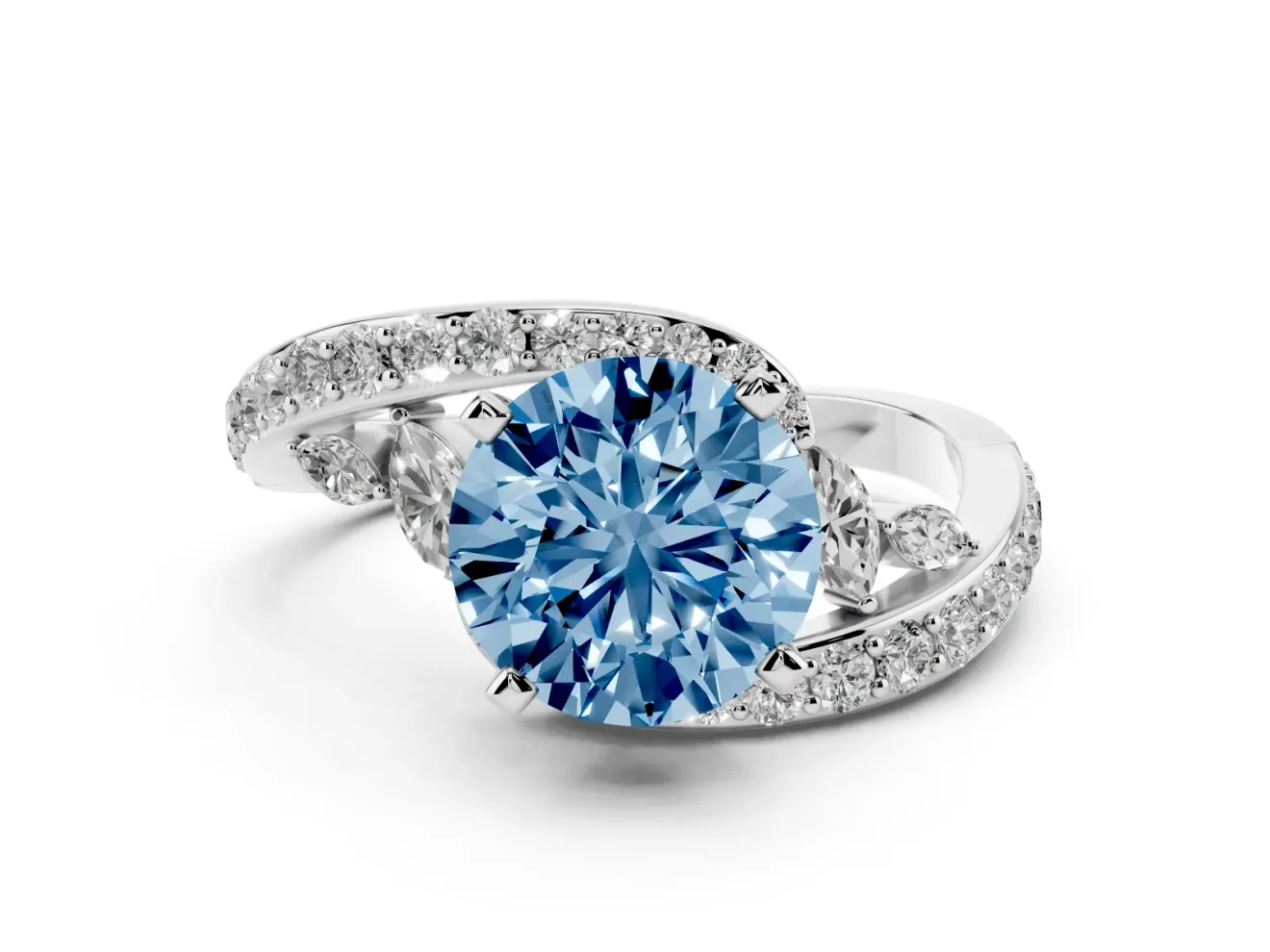 Fancy Blue Round Cut Diamond Solitaire Ring Set in Silver with Pavé Twist Band and Secure Prong Setting