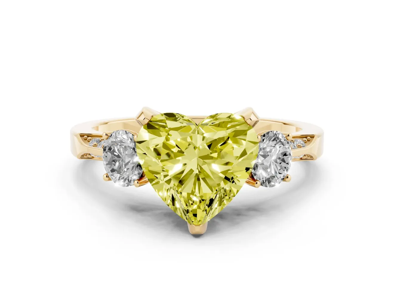Heart-Shaped Hidden Halo Three Stone Engagement Ring Setting for a Fancy Yellow Lab-Grown Diamond | Yellow Gold
