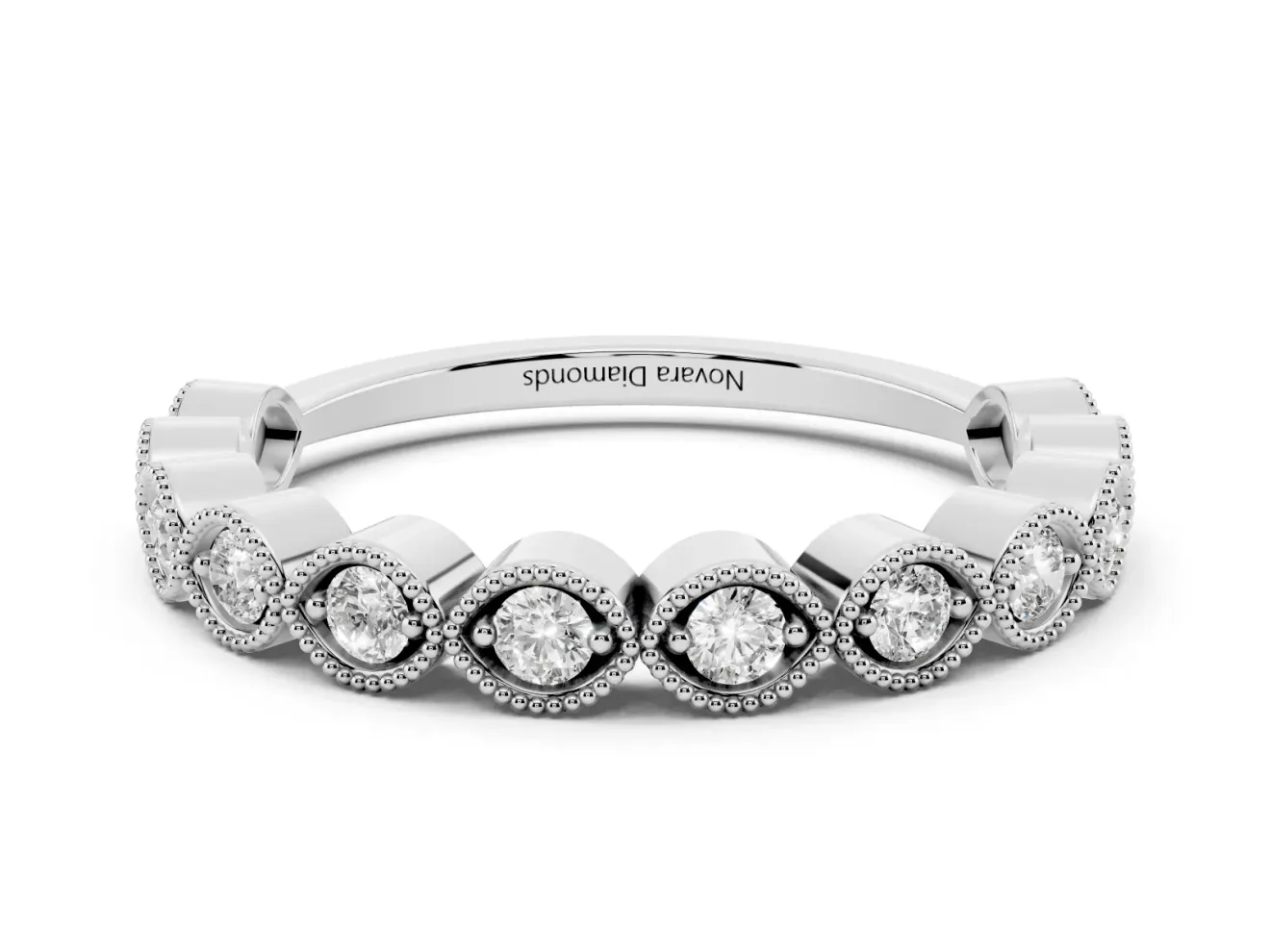 Round Lab-Grown Diamond Vintage Half Eternity Band | Milgrain Marquise Frames | Sterling Silver