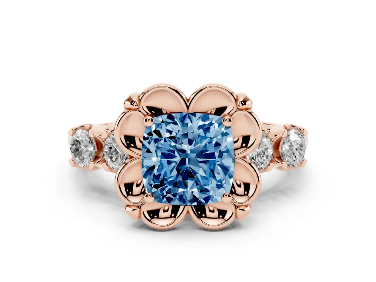 Cushion Cut Floral Engagement Ring Setting for a Fancy Blue Lab-Grown Diamond | Petal Frame and Side Stones | Rose Gold