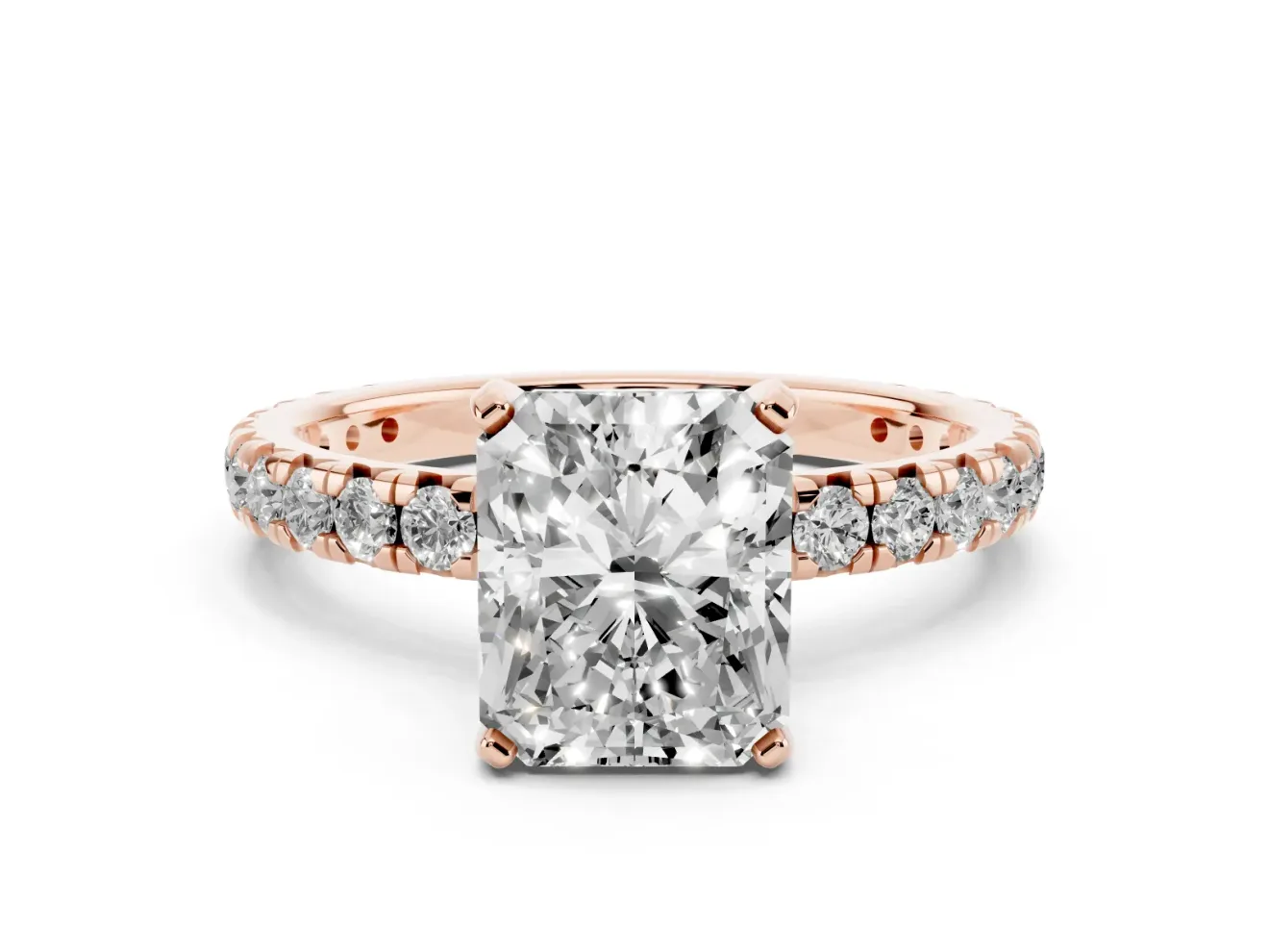 Radiant Cut Diamond Pavé Solitaire Ring Set in Rose gold with Round Band and Prong Setting