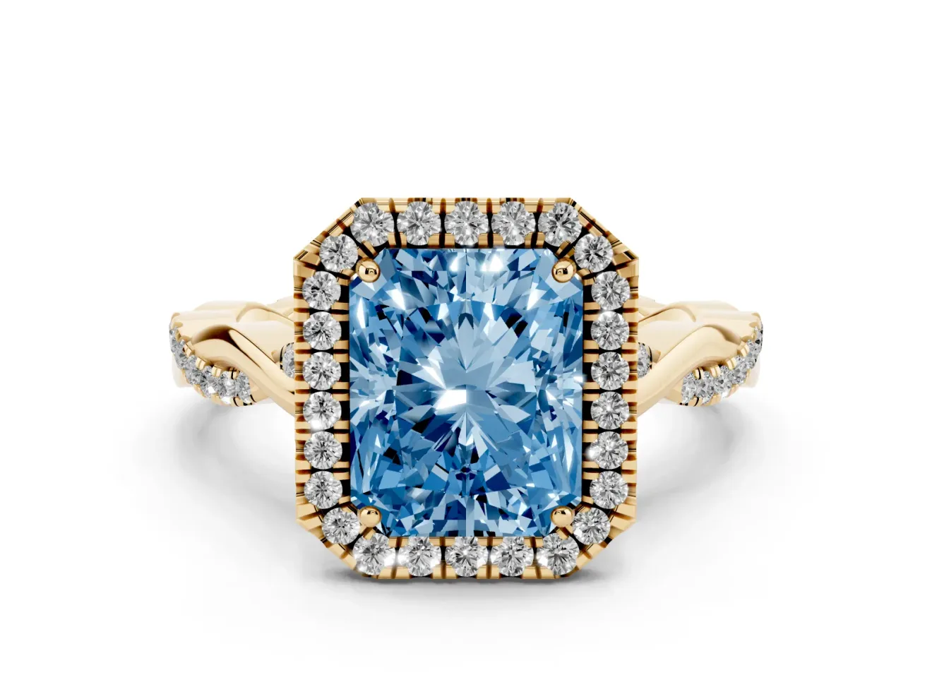 Radiant Cut Twist Halo Engagement Ring Setting for a Fancy Blue Lab-Grown Diamond | Yellow Gold