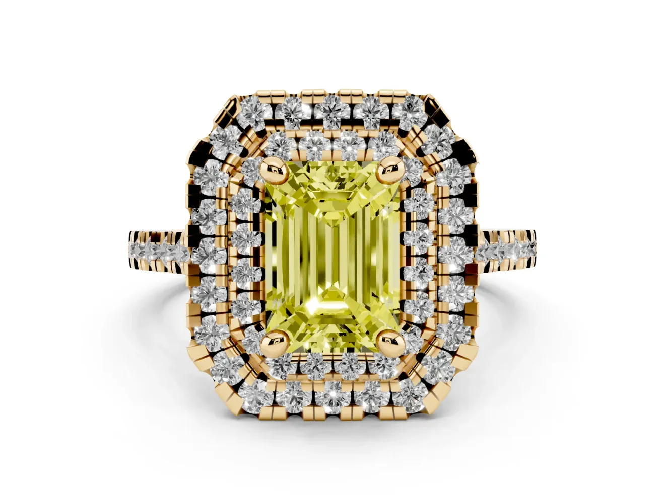 Fancy Yellow Emerald Cut Diamond Double Halo Statement Ring Set in Yellow gold with Pavé Band