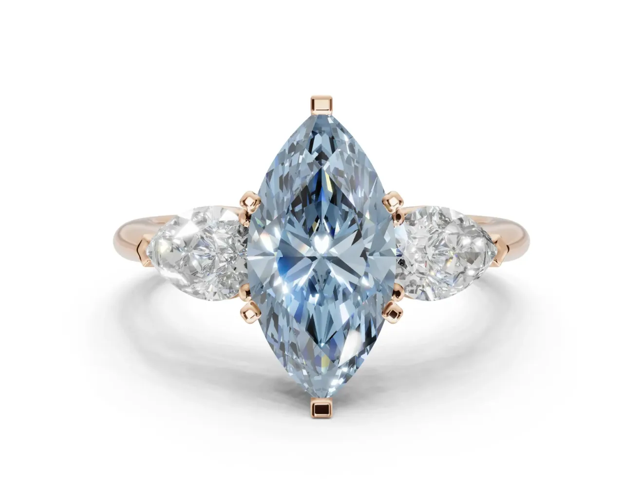 Marquise Three-Stone Ring Setting for a Fancy Blue Lab-Grown Diamond | Pear Side Stones | Rose Gold