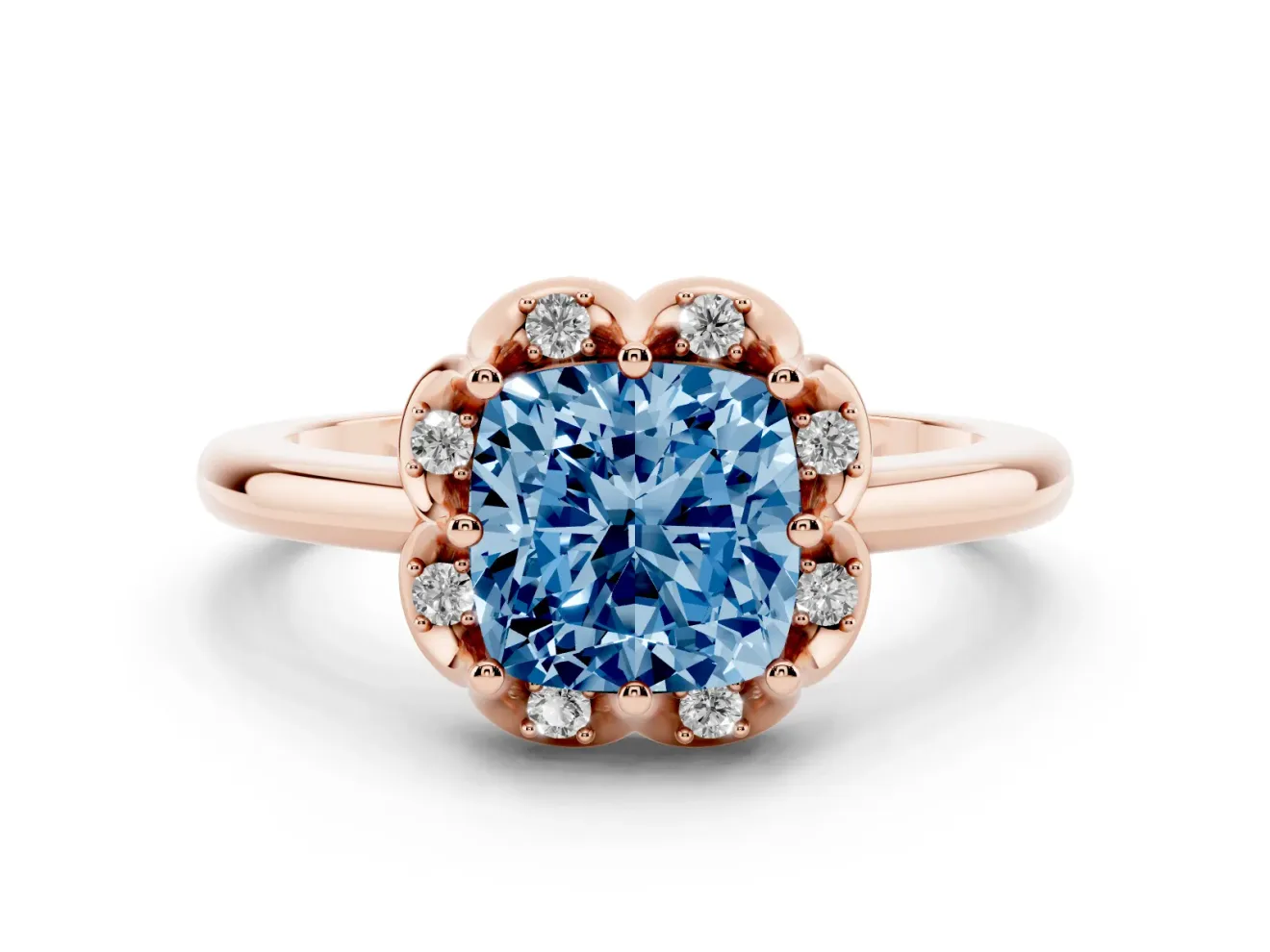 Cushion Cut Petal Halo Engagement Ring Setting for a Fancy Blue Lab-Grown Diamond | Rose Gold