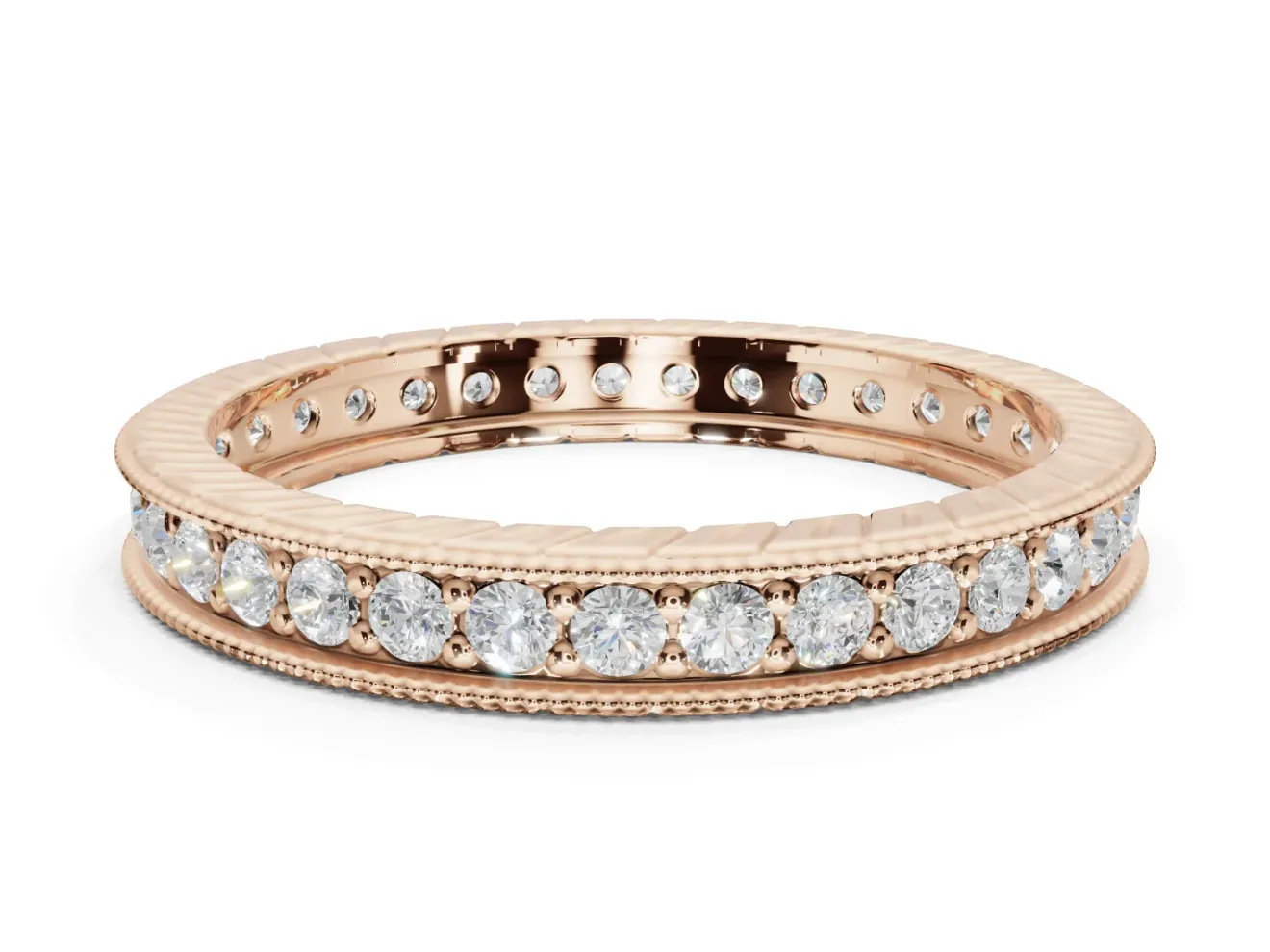 Round Lab-Grown Diamond Milgrain Pavé Eternity Band | Carved Side Walls | Rose Gold