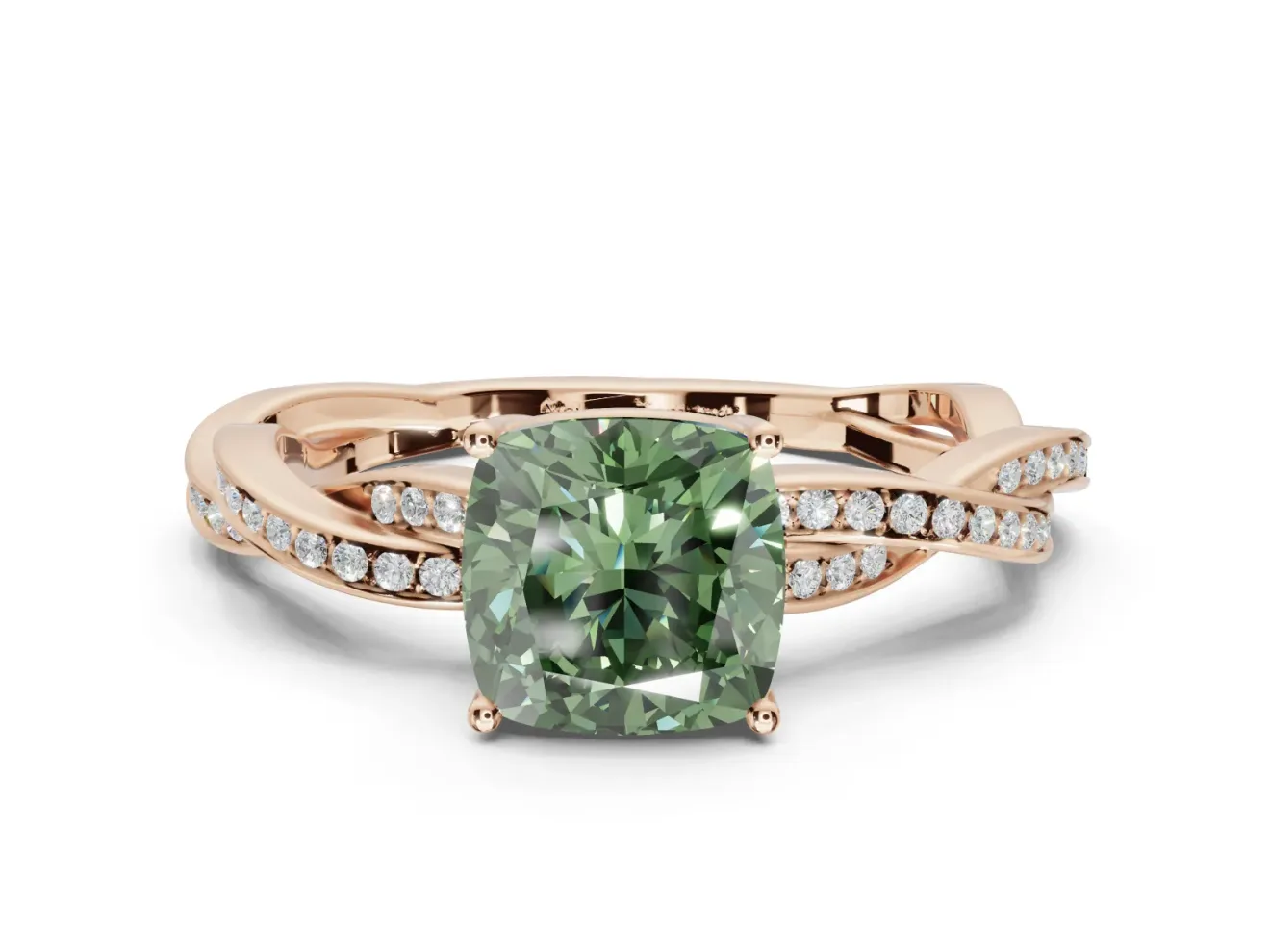 Cushion Cut Twisted Pavé Solitaire Engagement Ring Setting for a Fancy Green Lab-Grown Diamond | Open Basket | Rose Gold
