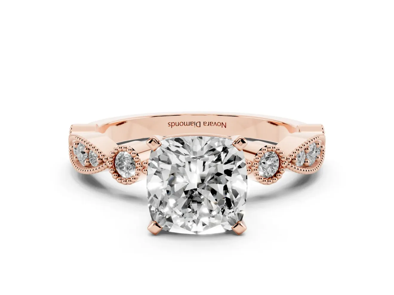 Cushion Cut Vintage Milgrain Solitaire Engagement Ring Setting | Bezel Accents | Rose Gold