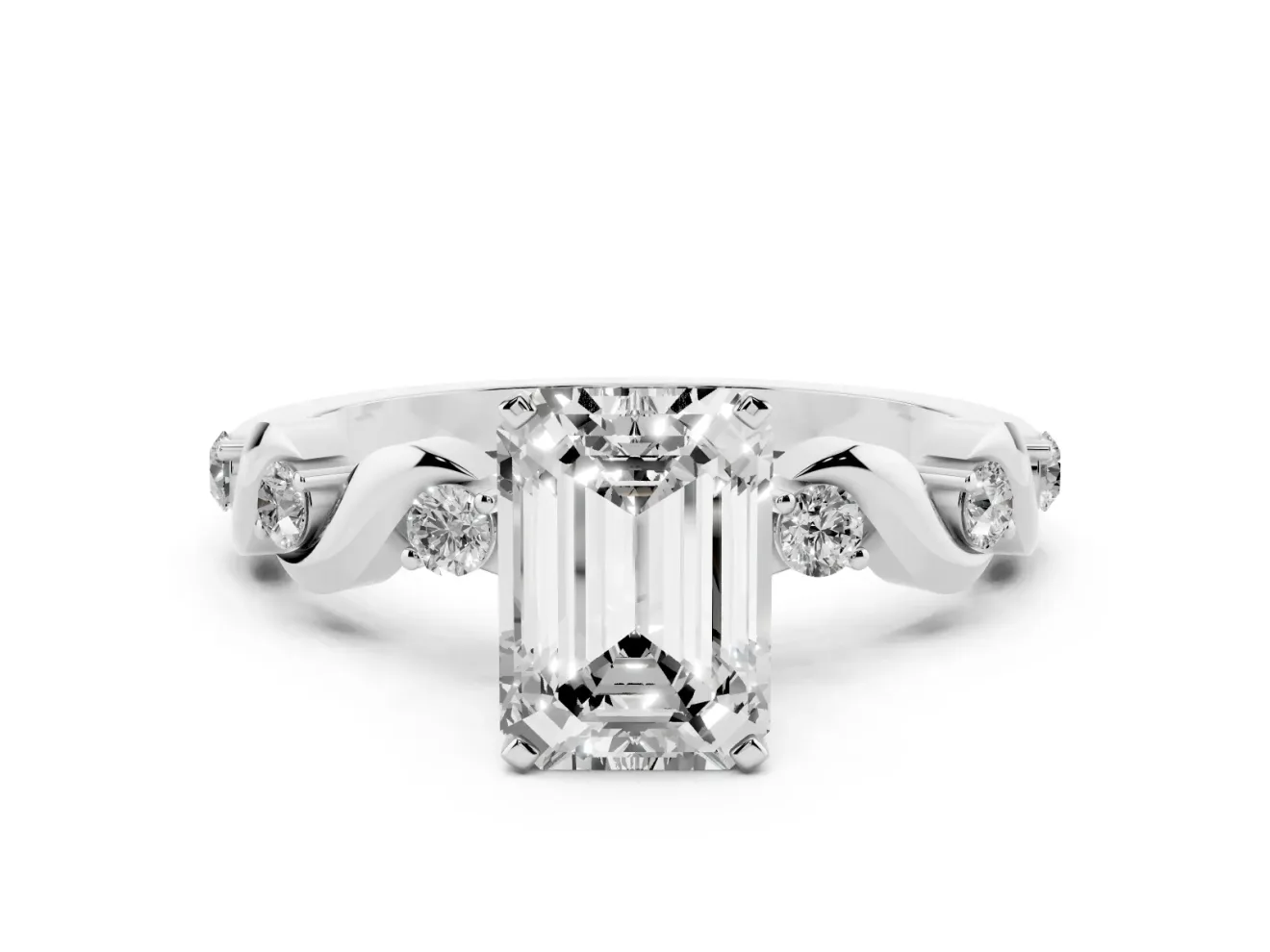Emerald Cut Diamond Solitaire Ring Set in White gold with Ribbon Twist Band, Round Accents and Prong Setting