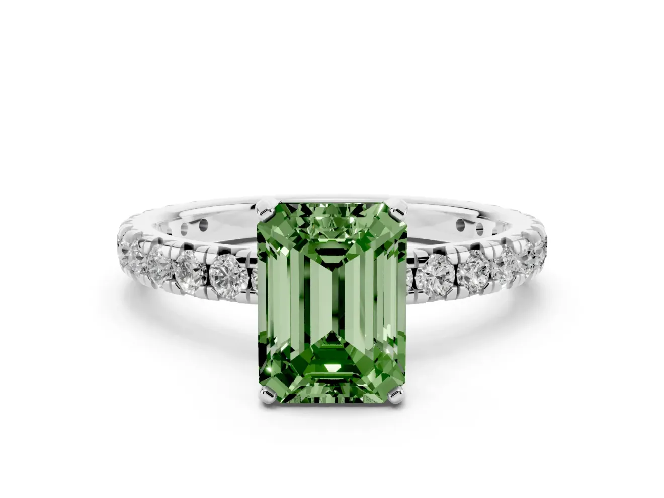 Fancy Green Emerald Cut Diamond Pavé Solitaire Ring Set in Silver with Round Band and Prong Setting