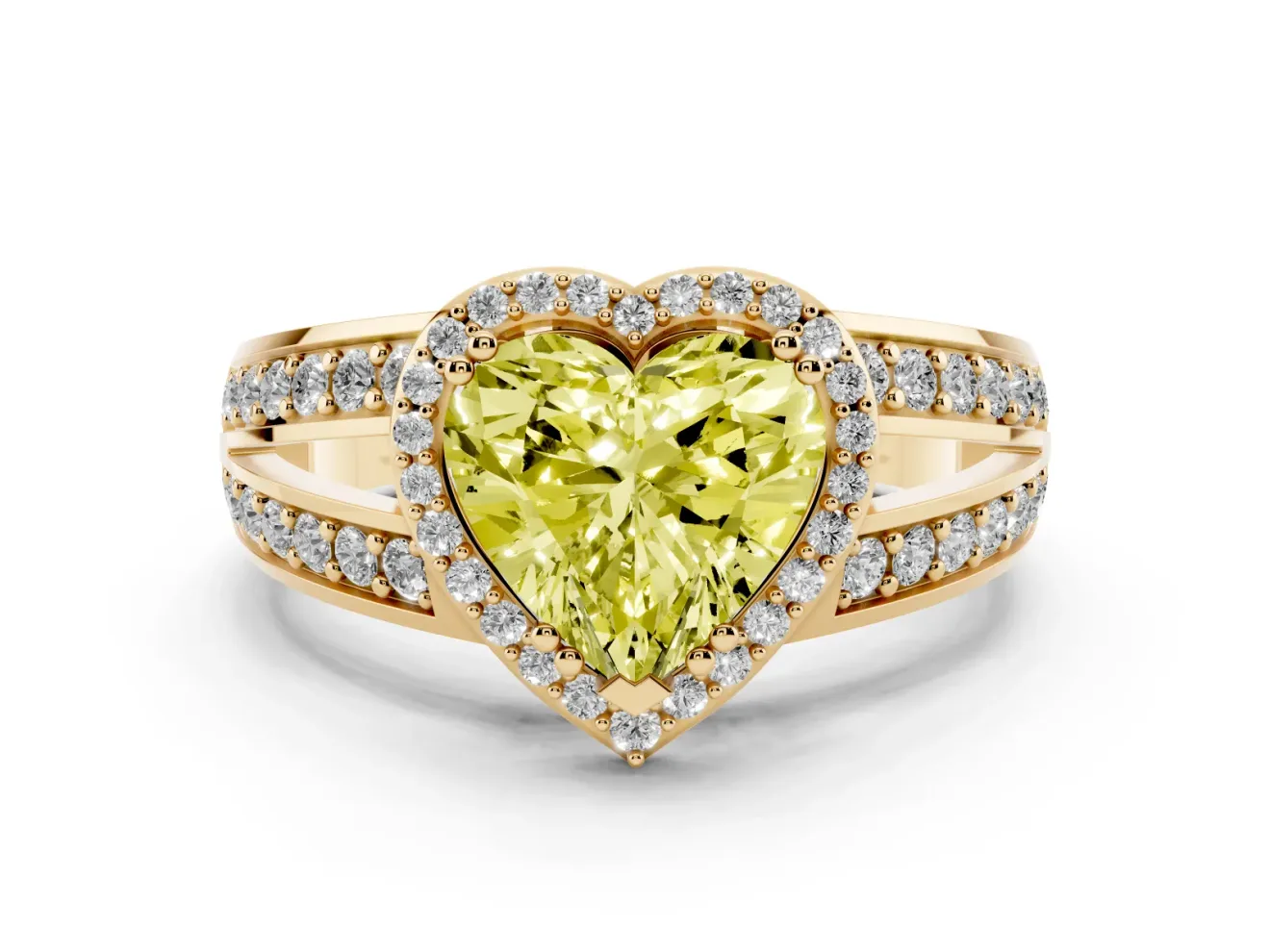 Fancy Yellow Heart Cut Diamond Halo Ring Set in Yellow gold with Double Pavé Split Shank