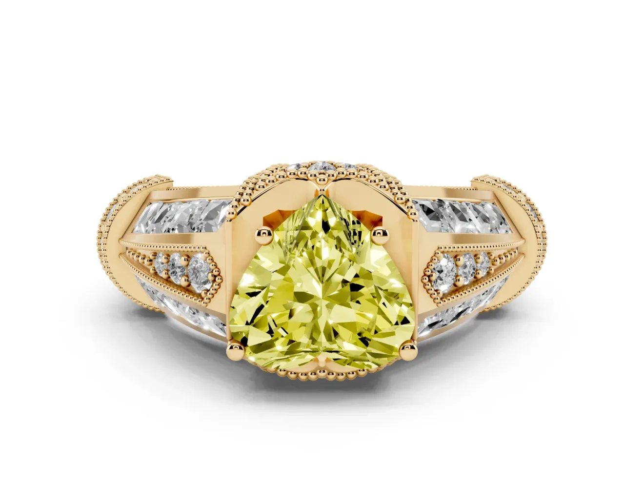 Fancy Yellow Heart Cut Diamond Vintage-Inspired Milgrain Ring Set in Yellow gold with Accent Split Shank