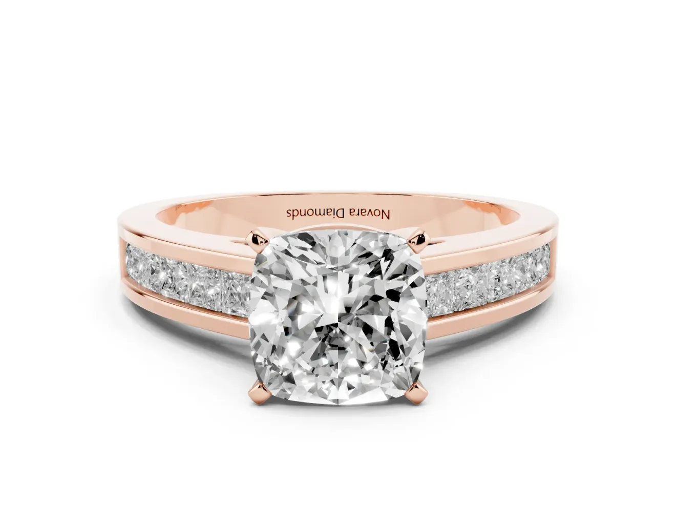 Cushion Cut Channel Set Engagement Ring Setting | Princess Cut Accents | Rose Gold