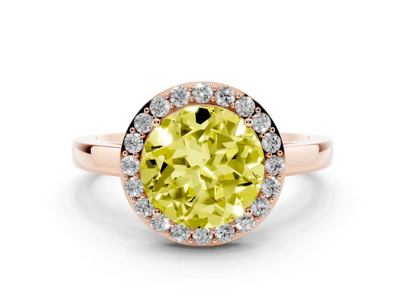 Round Thin Halo Low Profile Engagement Ring Setting for a Fancy Yellow Lab-Grown Diamond | Slim Plain Band | Rose Gold