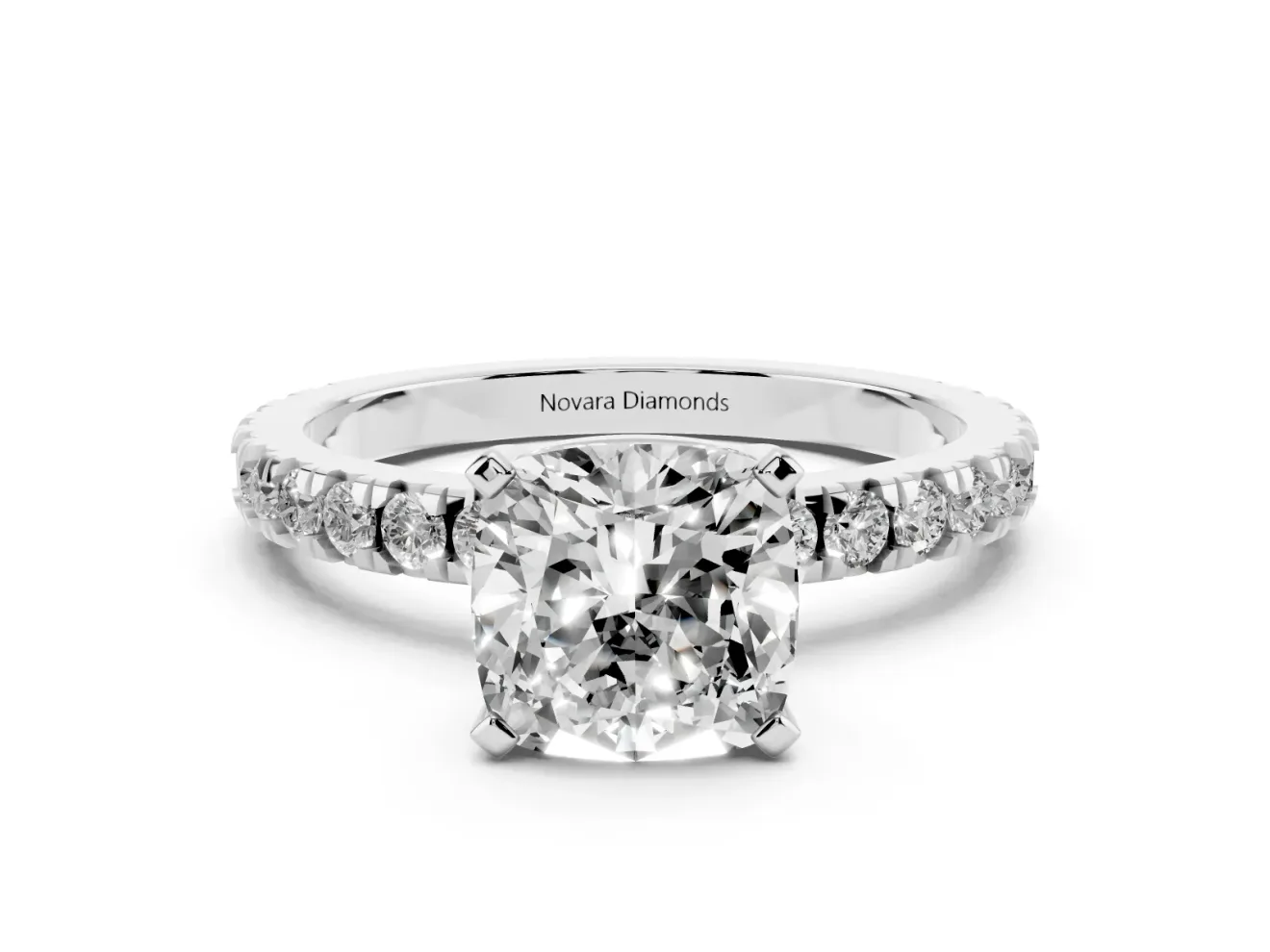 Cushion Cut Diamond Pavé Band Solitaire Set in Silver with Prong Setting