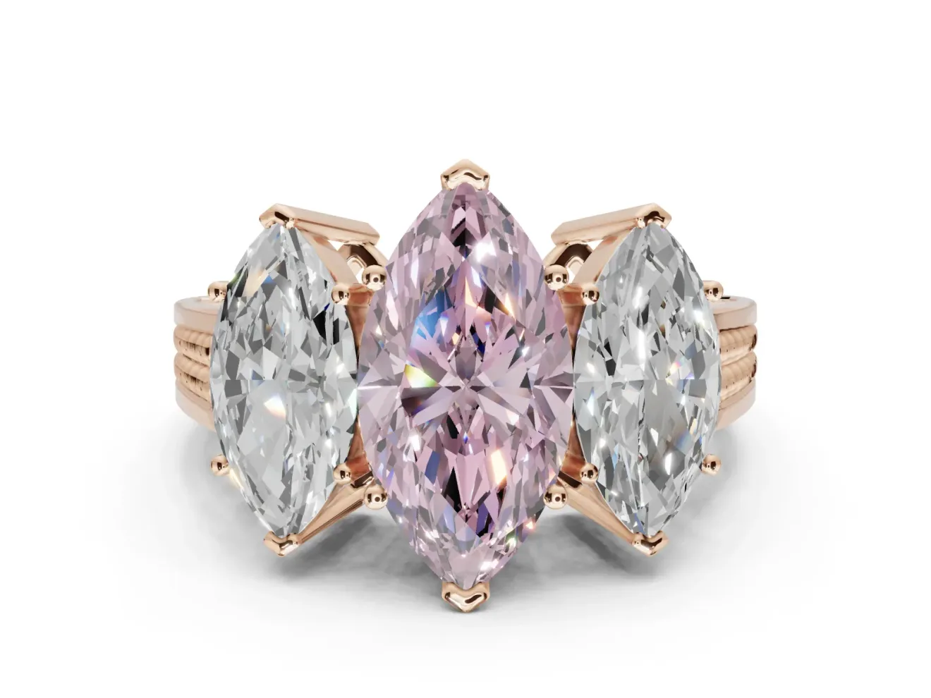 Marquise Three Stone Engagement Ring Setting for a Fancy Pink Lab-Grown Diamond | Beaded Shoulders | Rose Gold