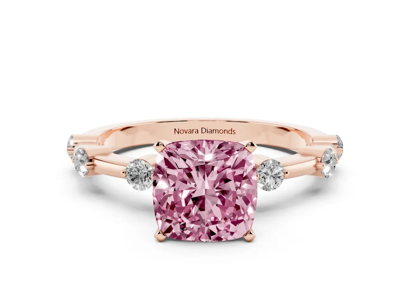 Fancy Pink Cushion Cut Diamond Solitaire Ring Set in Rose gold with Bezel Set Side Stones and Prong Setting