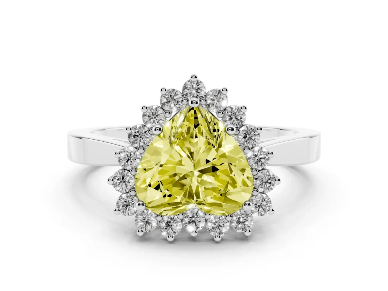 Fancy Yellow Heart Cut Diamond Halo Ring Set in Platinum with Round Halo and Smooth Solitaire Band