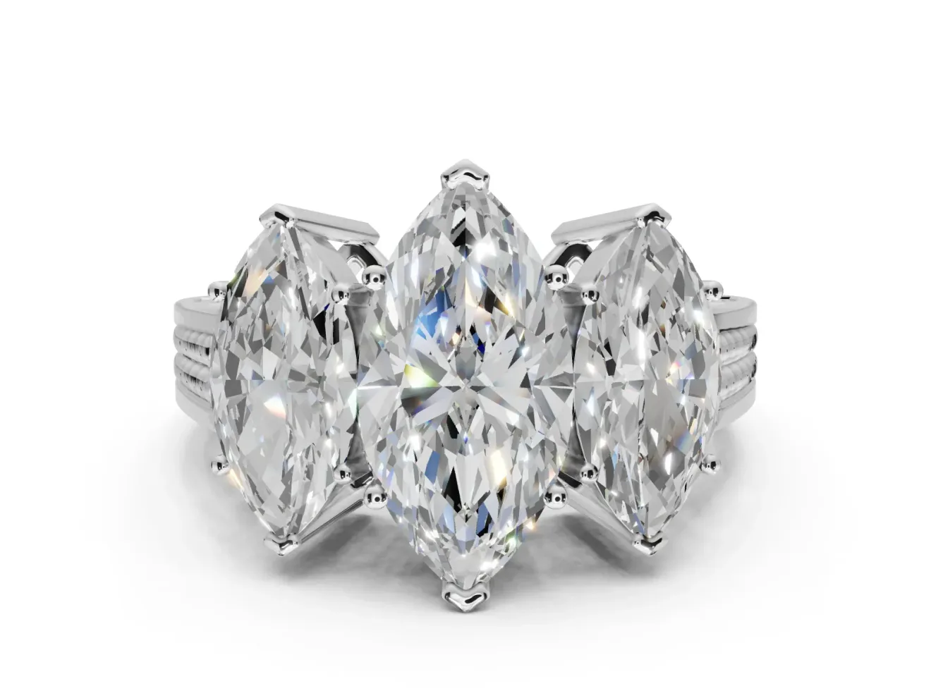 Marquise Three Stone Engagement Ring Setting | Beaded Shoulders | Sterling Silver