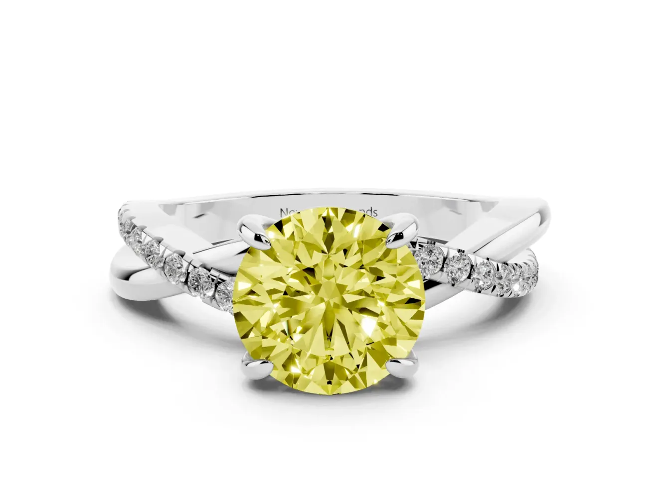 Fancy Yellow Round Cut Diamond Twist Band Solitaire Set in Platinum with Pavé Accents and Prong Setting