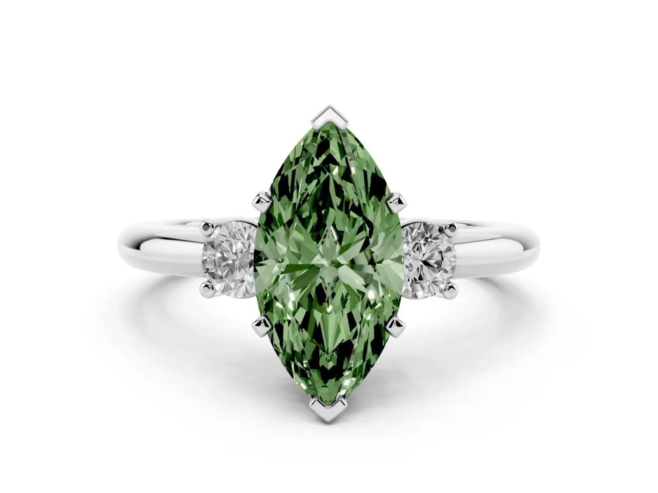 Fancy Green Three-Stone Marquise Cut Diamond Ring Set in Silver with Prong Setting and Plain Band