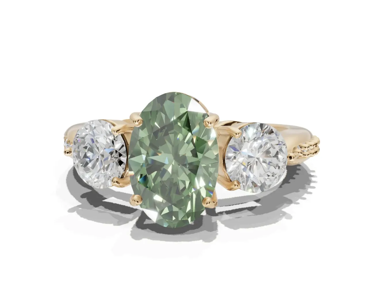 Oval Three Stone Engagement Ring Setting for a Fancy Green Lab-Grown Diamond | Tapered Pave Band | Yellow Gold
