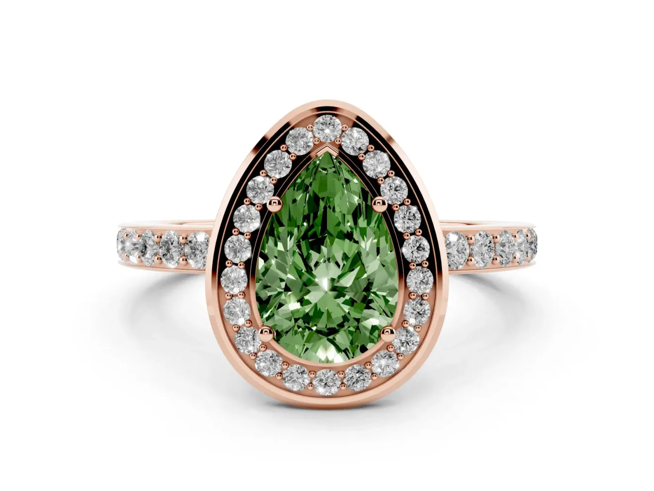 Pear-Shaped Bezel-Rim Halo Engagement Ring Setting for a Fancy Green Lab-Grown Diamond | Pave Band | Rose Gold