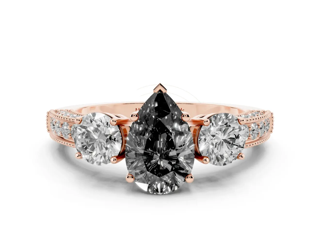Pear-Shaped Three Stone Engagement Ring Setting for a Black Center | Graduated Pavé Band | Rose Gold