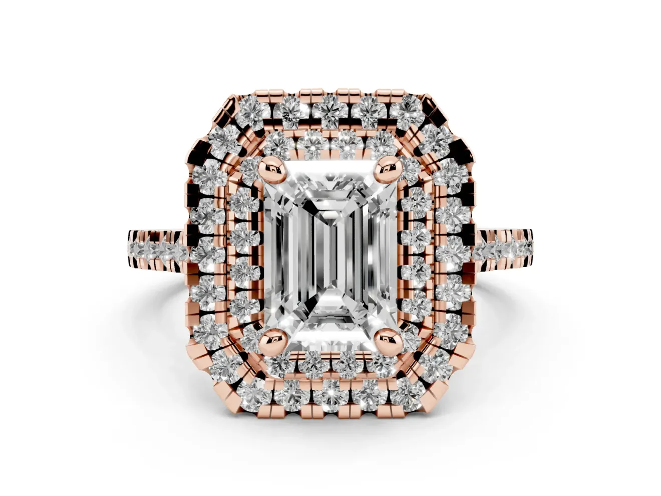 Emerald Cut Double Halo Engagement Ring Setting | Pave Shoulders | Rose Gold