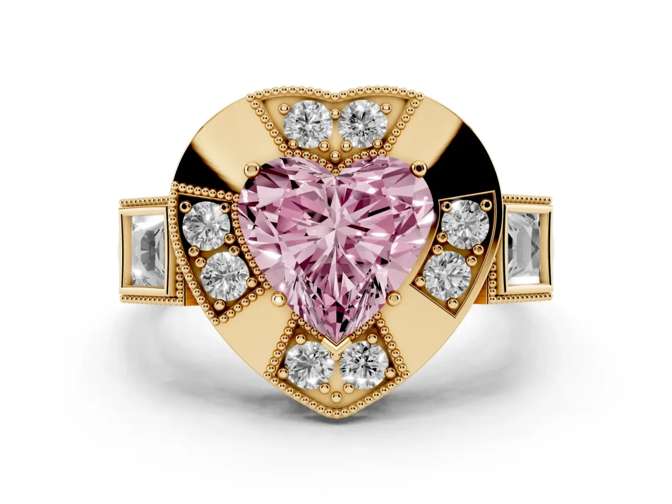 Fancy Pink Heart Cut Diamond Milgrain Halo Ring Set in Yellow gold with Split Shank