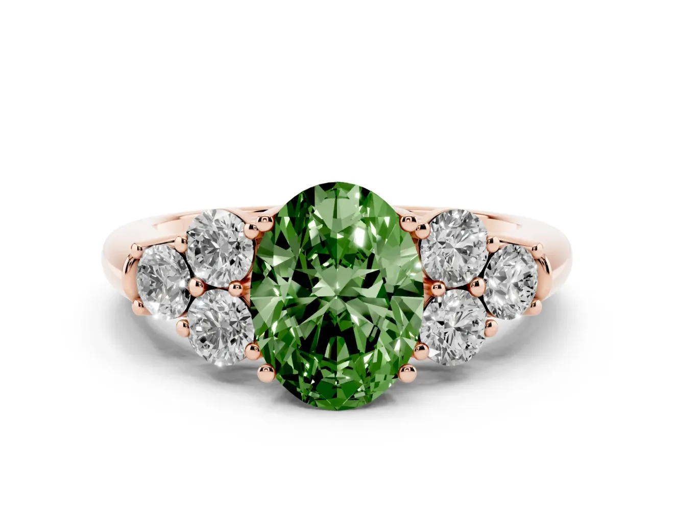 Fancy Green Oval Cut Diamond Cluster Ring Set in Rose gold with Round Accent Stones and Prong Setting on a Plain Band